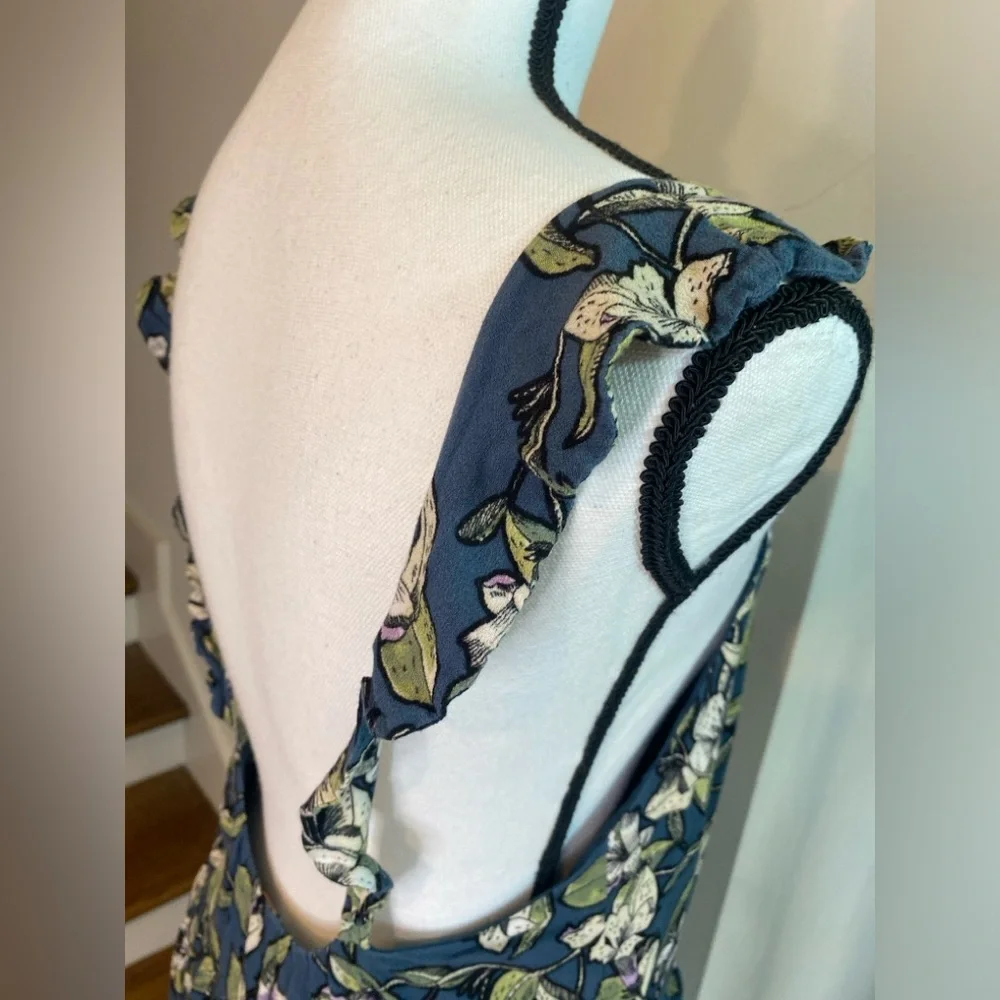 FREE PEOPLE Dear You Blue Green Floral Ruffle Flare Casual Sundress Size Medium